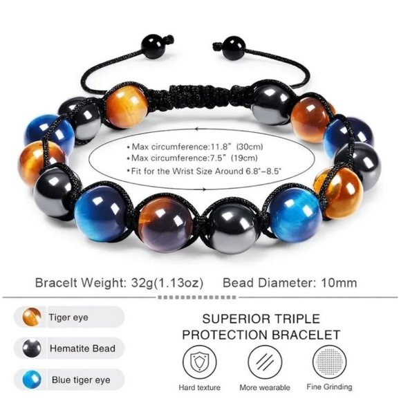 10mm Triple Protection Drawstring Bracelet Hematite Black Agate Tigers Eye Stone - Picture 2 of 9
